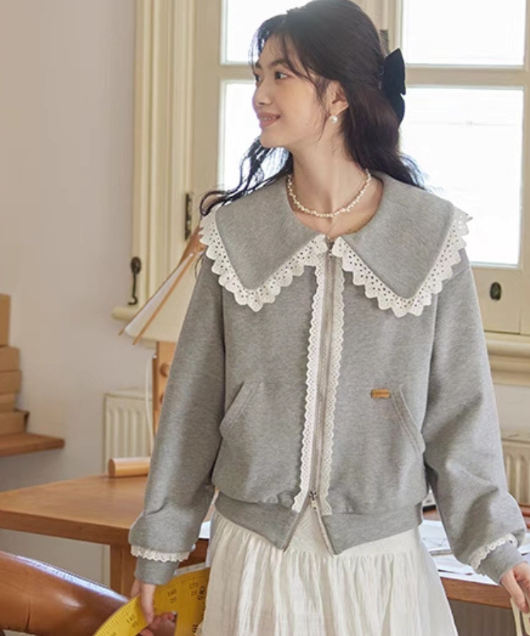 レースドールカラーダブルジップスウェット