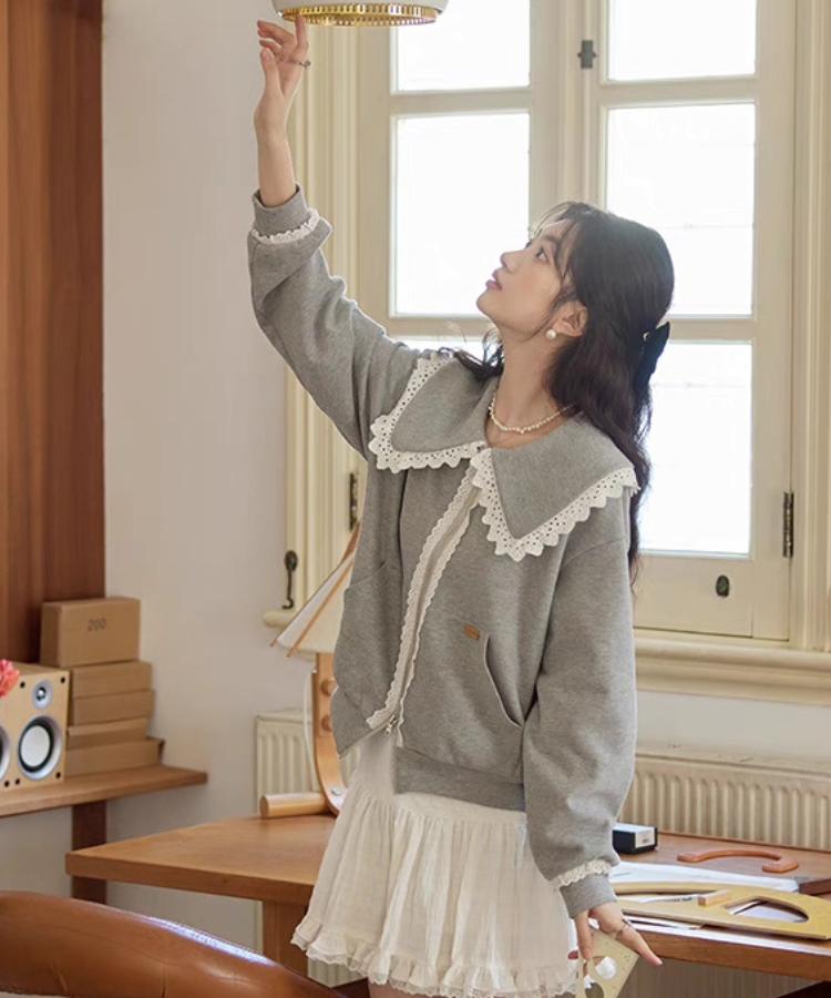 レースドールカラーダブルジップスウェット