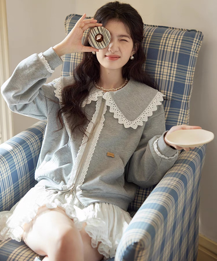 レースドールカラーダブルジップスウェット