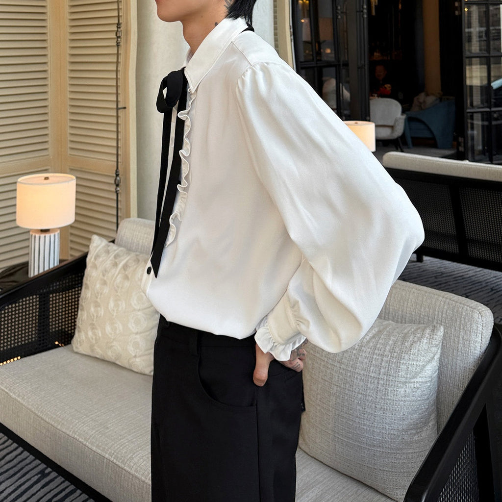 【最短即日発送】フリルリボンタイコリアンシャツ mf3229