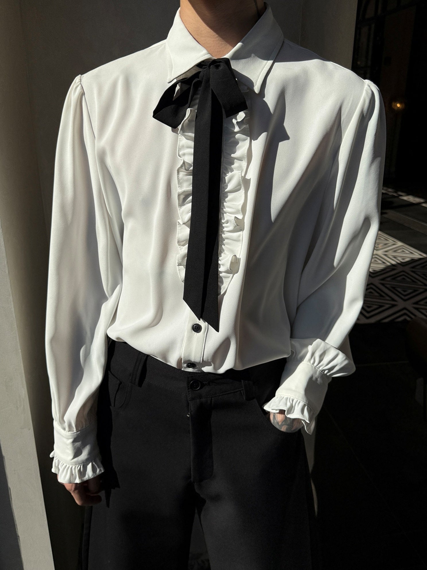 【最短即日発送】フリルリボンタイコリアンシャツ mf3229