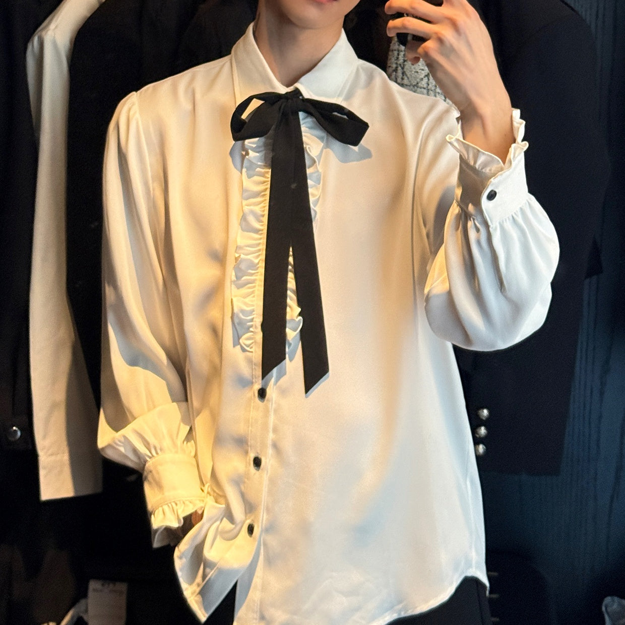 【最短即日発送】フリルリボンタイコリアンシャツ mf3229