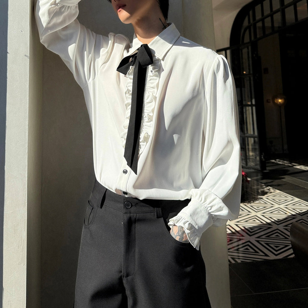 【最短即日発送】フリルリボンタイコリアンシャツ mf3229